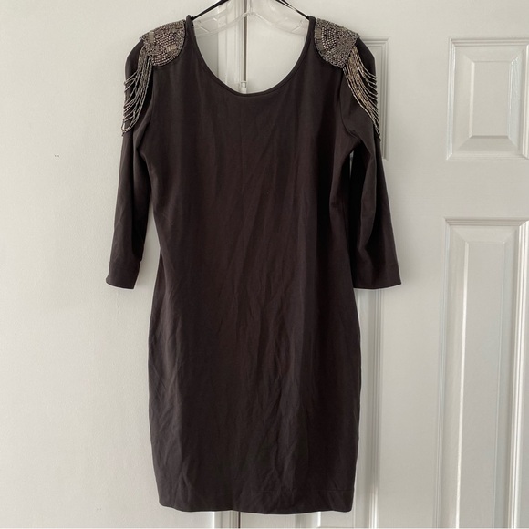 NWT H&M Charcoal Grey Bodycon Dress w/ Superhot Embellished Sequined Shoulders - Picture 3 of 12